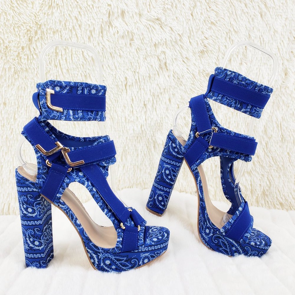 Blue Bandanna Bandana Chunky Heels Harness Strap Shoes